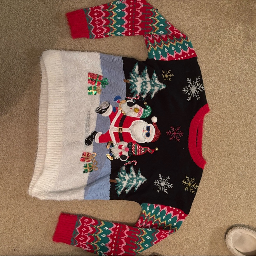 Red and Black Crewneck Sweater with Festive Patterns